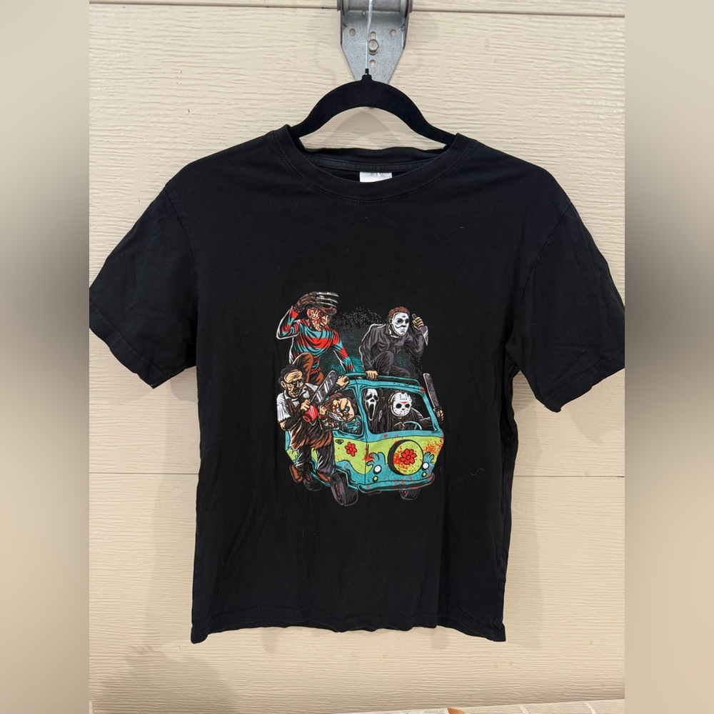 Black Graphic Tee with Horror Characters